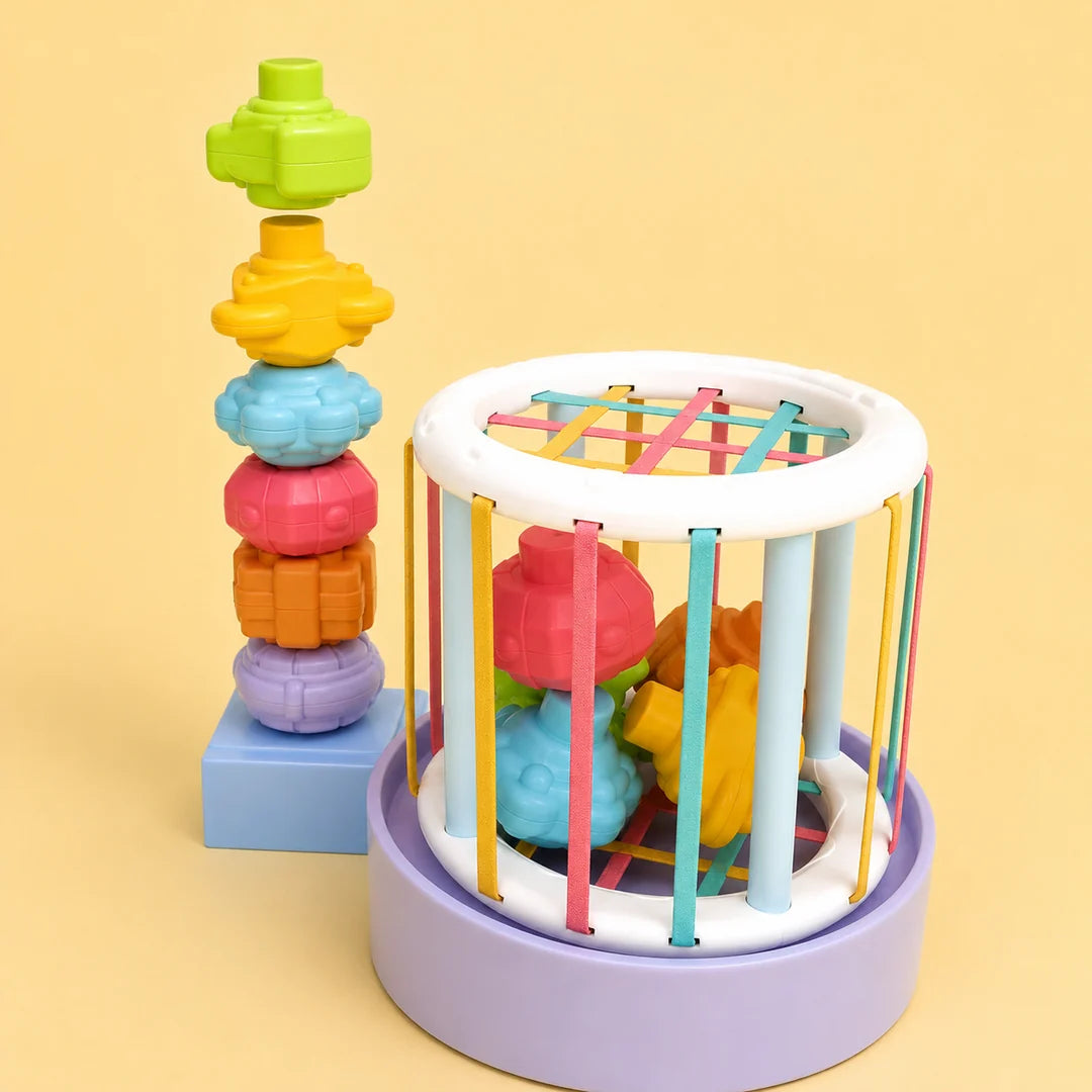 Motorikspielzeug für Babys – Sensorik-Spielzeug mit bunten Bändern und Stapelformen